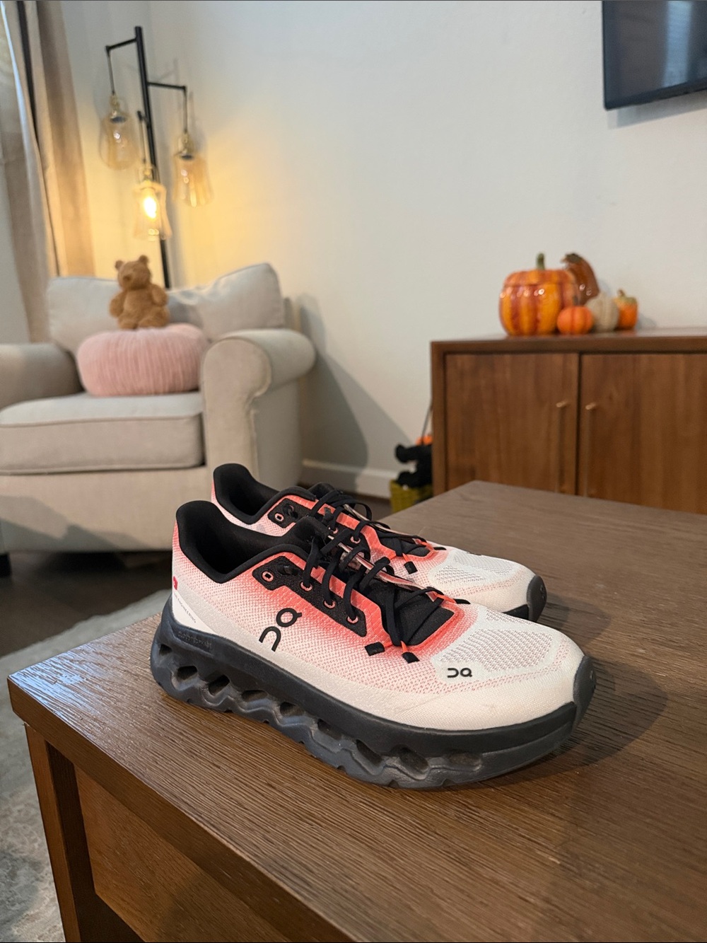 On Running Kids Sneakers in White and Coral with Black Trim